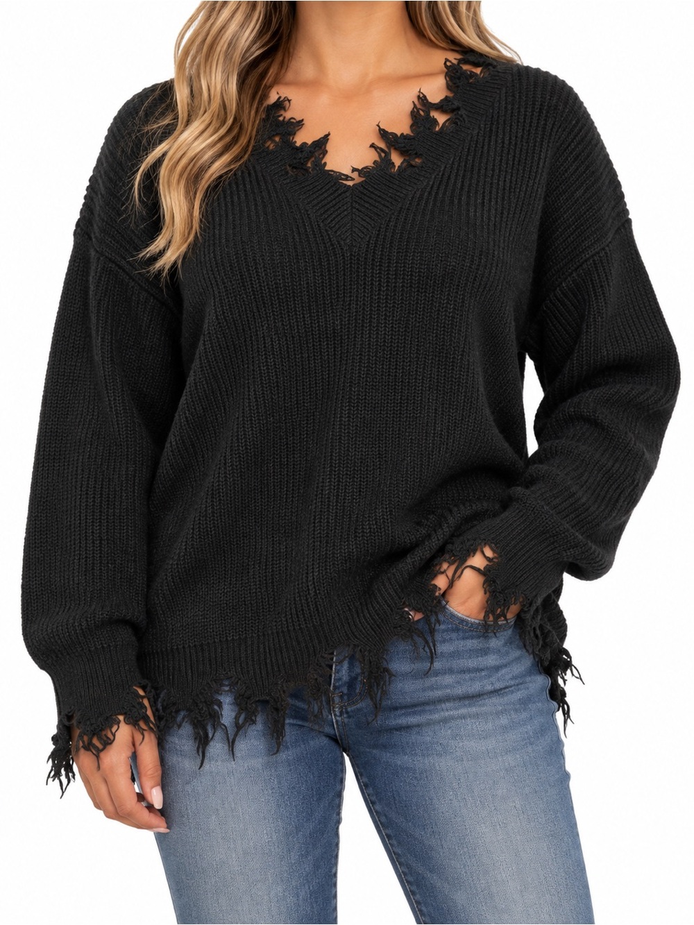 GeeGee Women’s Black Distressed V-Neck Sweater | Size 1XL